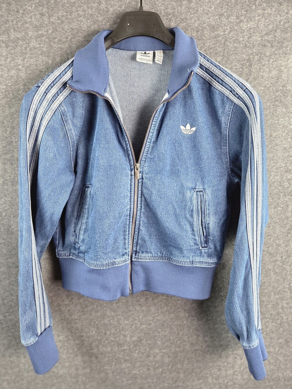 Adidas Adicolor Denim Track Top Womens Small Blue Ribbed Cuffs Striped